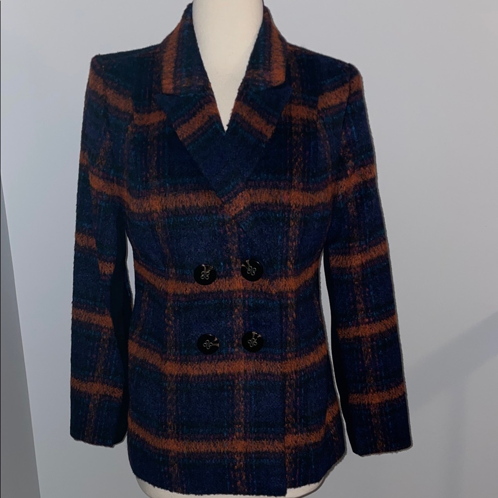 CAbi Navy and Rust Plaid Pea Coat